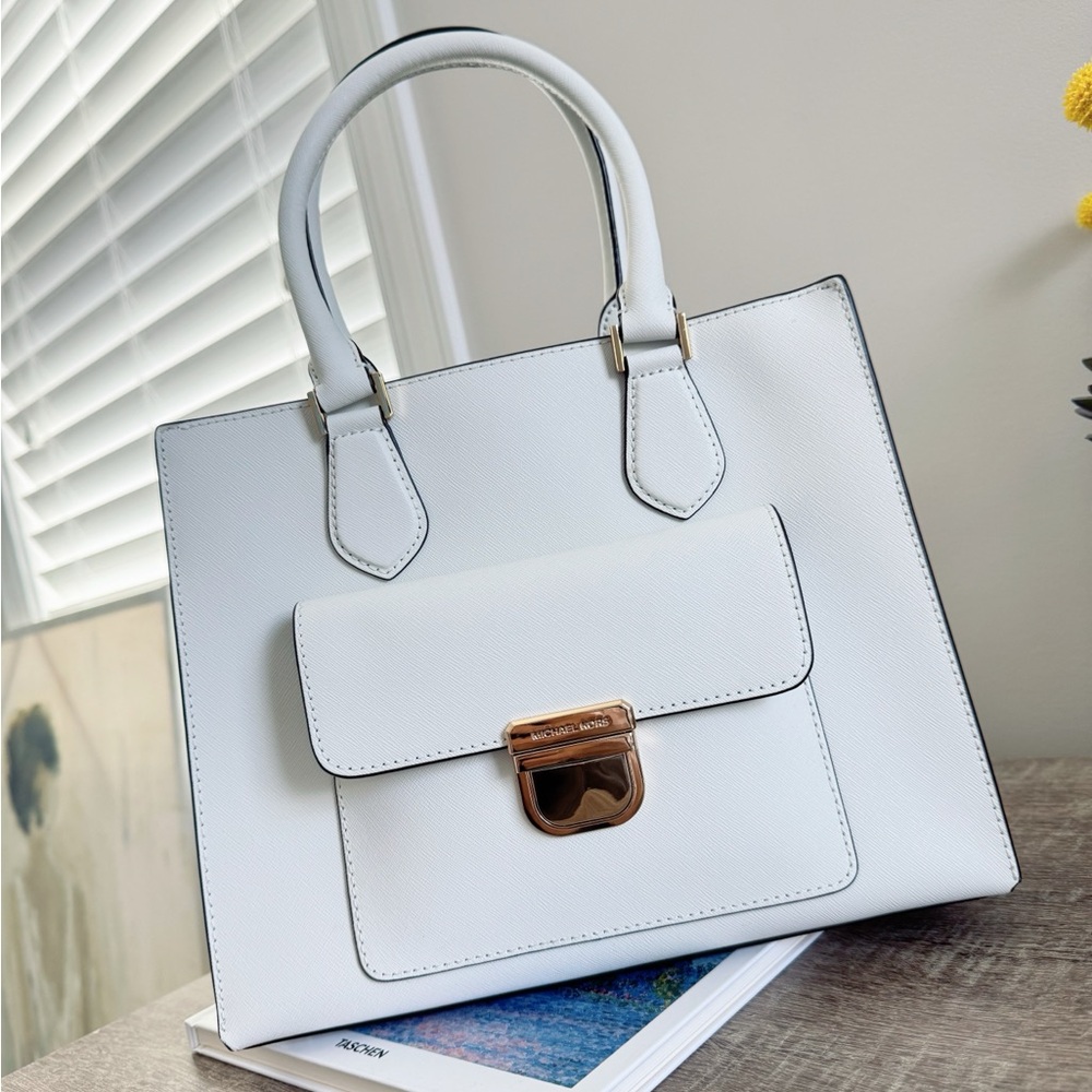 NWT Michael Kors Bridgette Medium EW Tote White Leather Satchel Crossbody Bag